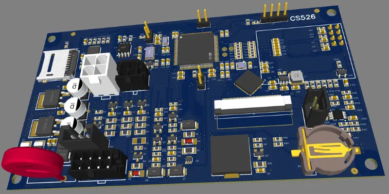 Realistic 3D rendering of a fully populated custom electronic board with components, connectors, and test points.