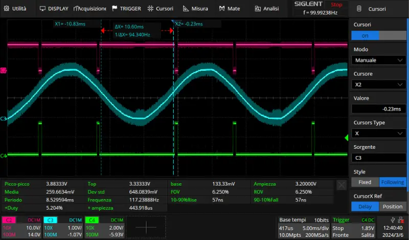 Test di laboratorio su schede elettroniche custom - forma d'onda